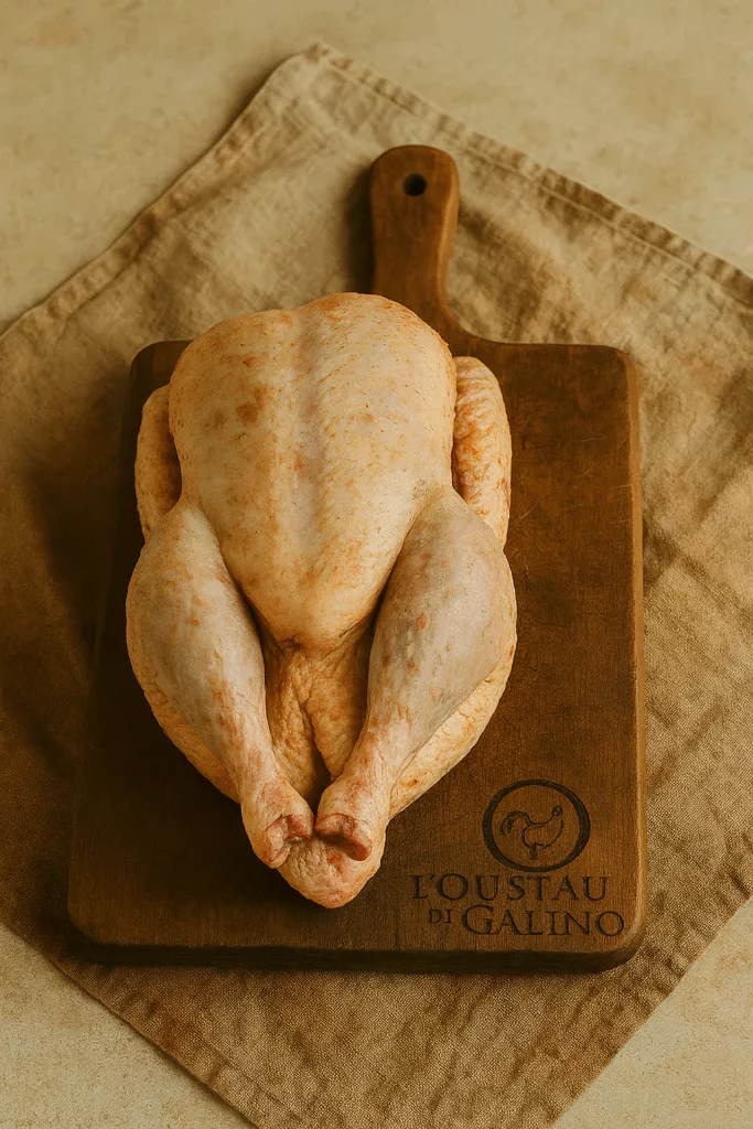 Chapon fermier plumé et vidé prêt à cuire, posé sur une planche en bois gravée L’Oustau di Galino, lumière naturelle et ambiance rustique provençale.